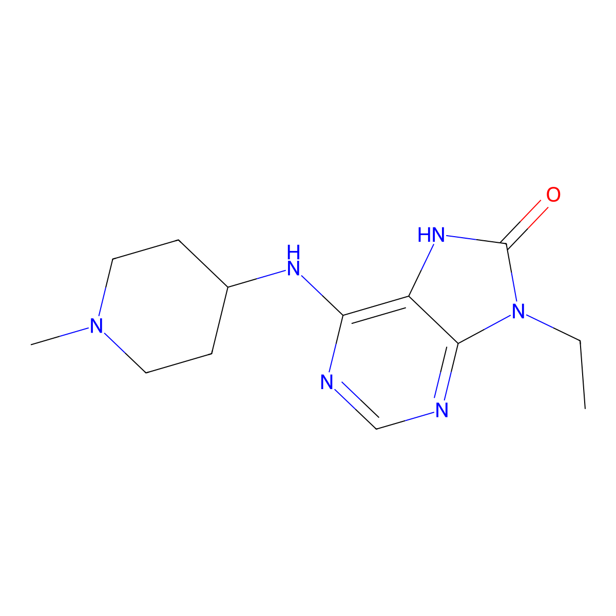 9-ethyl-6-[(1-methylpiperidin-4-yl)amino]-8,9-dihydro-7H-purin-8-one molecular structure, CAS 2742030-93-7