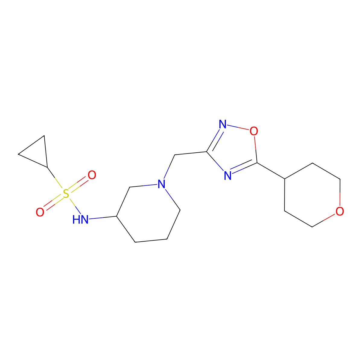 N-(1-{[5-(oxan-4-yl)-1,2,4-oxadiazol-3-yl]methyl}piperidin-3-yl)cyclopropanesulfonamide molecular structure, CAS 2742031-16-7