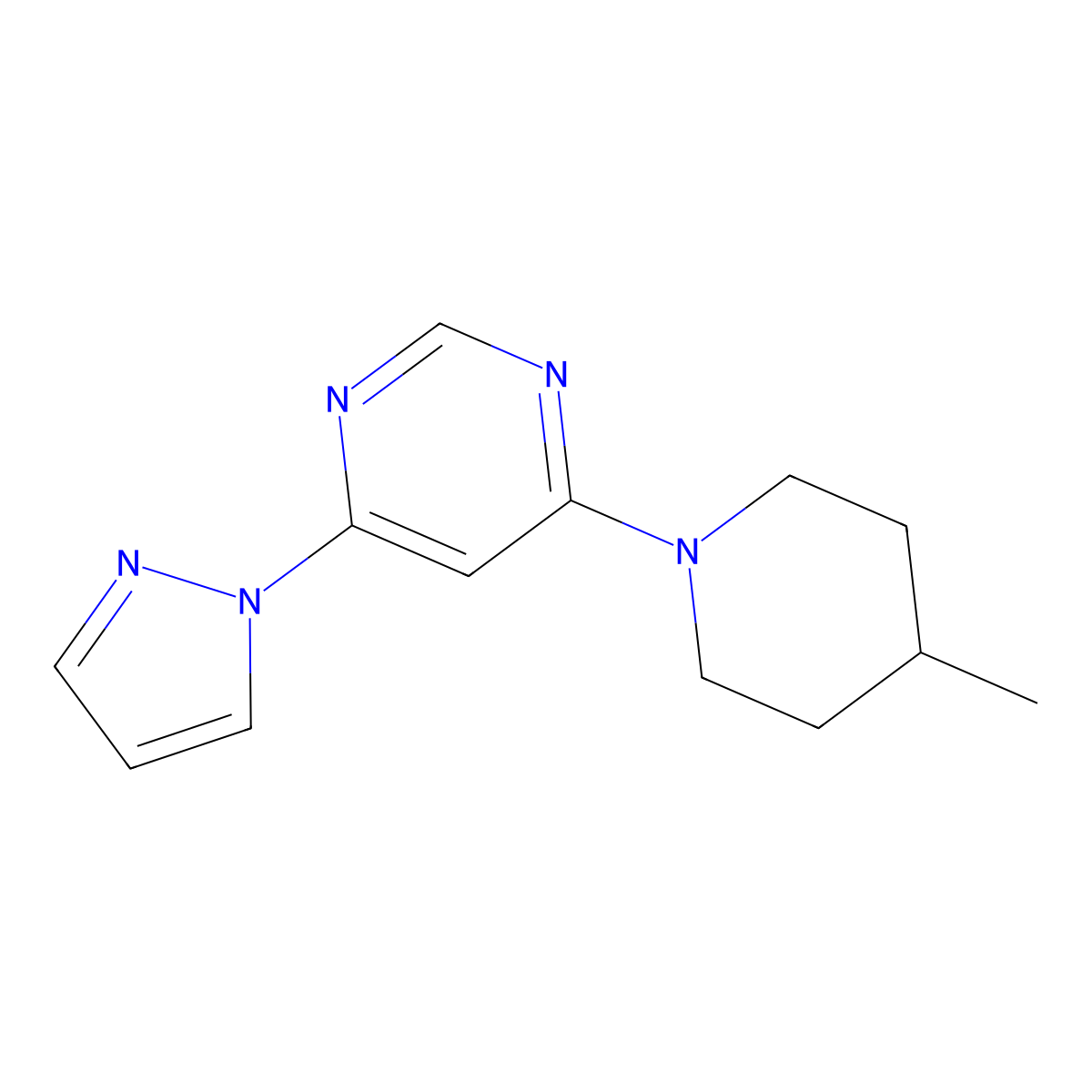 4-(4-methylpiperidin-1-yl)-6-(1H-pyrazol-1-yl)pyrimidine molecular structure, CAS 2742031-24-7