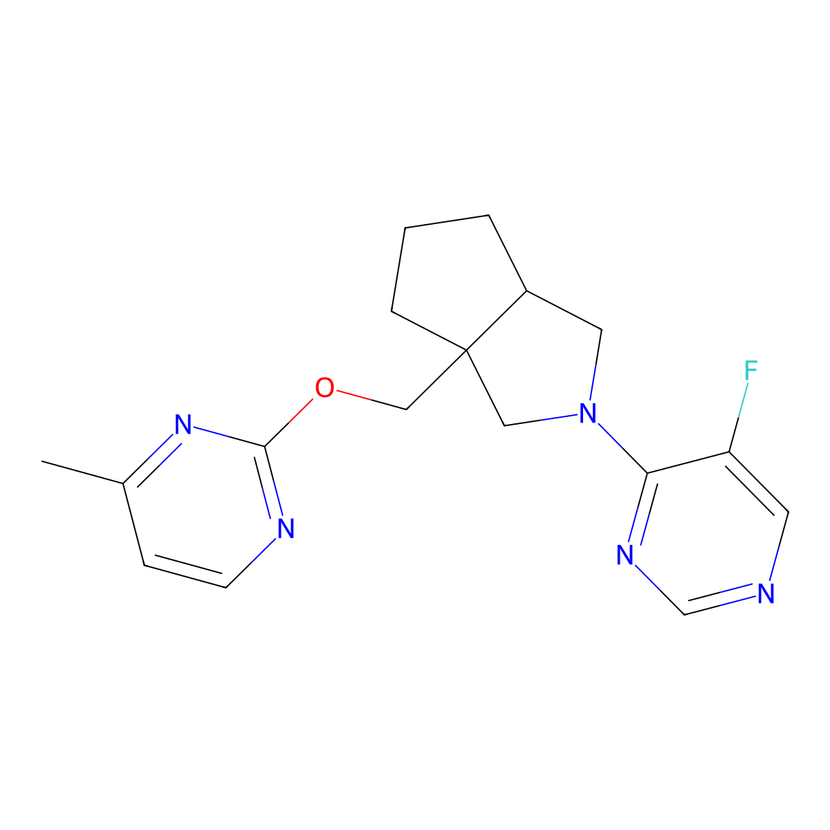 4-(3a-{[(4-Methylpyrimidin-2-yl)oxy]methyl}-octahydrocyclopenta[c]pyrrol-2-yl)-5-fluoropyrimidine molecular structure, CAS 2742031-25-8