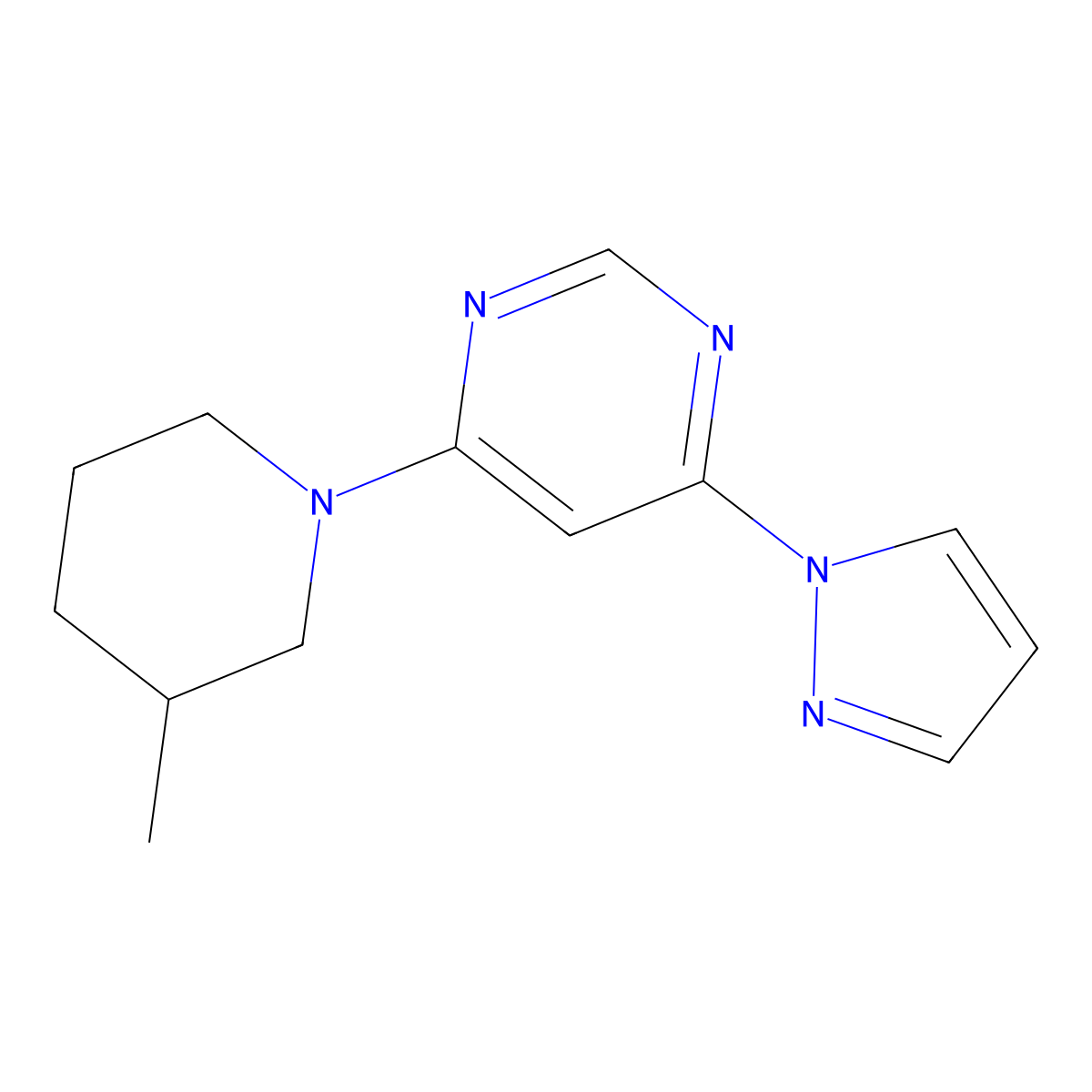 4-(3-methylpiperidin-1-yl)-6-(1H-pyrazol-1-yl)pyrimidine molecular structure, CAS 2742031-29-2