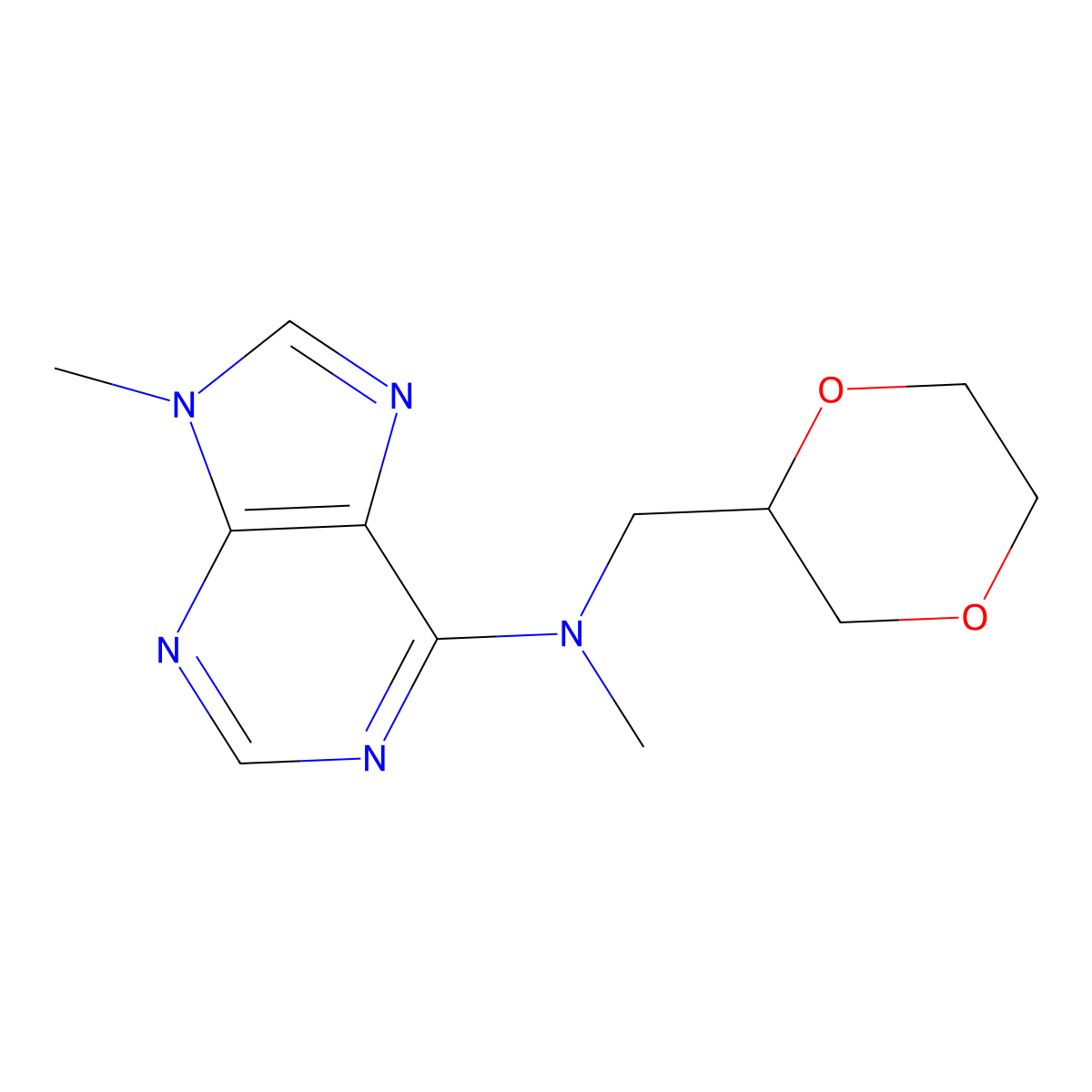 N-[(1,4-dioxan-2-yl)methyl]-N,9-dimethyl-9H-purin-6-amine molecular structure, CAS 2742031-45-2
