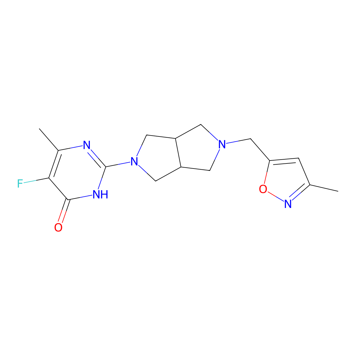 5-Fluoro-6-methyl-2-{5-[(3-methyl-1,2-oxazol-5-yl)methyl]-octahydropyrrolo[3,4-c]pyrrol-2-yl}-3,4-dihydropyrimidin-4-one molecular structure, CAS 2742031-46-3