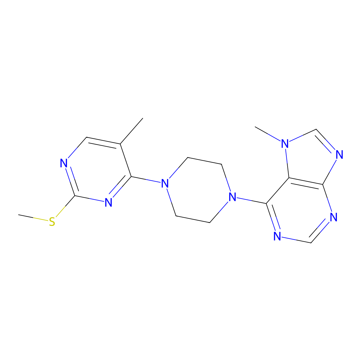 7-methyl-6-{4-[5-methyl-2-(methylsulfanyl)pyrimidin-4-yl]piperazin-1-yl}-7H-purine molecular structure, CAS 2742031-48-5