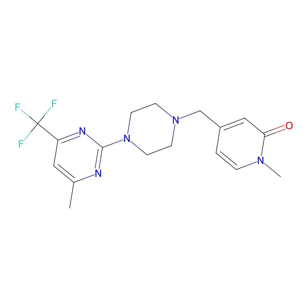1-Methyl-4-({4-[4-methyl-6-(trifluoromethyl)pyrimidin-2-yl]piperazin-1-yl}methyl)-1,2-dihydropyridin-2-one molecular structure, CAS 2742031-54-3