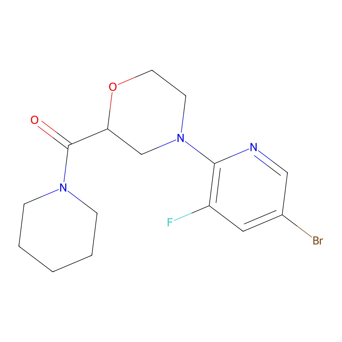 4-(5-Bromo-3-fluoropyridin-2-yl)-2-(piperidine-1-carbonyl)morpholine molecular structure, CAS 2742031-60-1