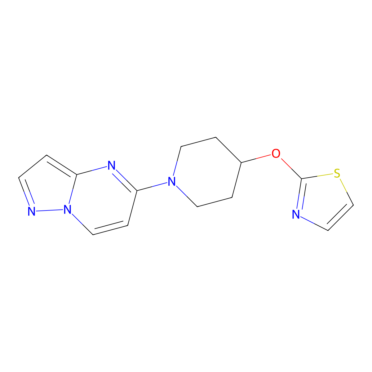 1-{Pyrazolo[1,5-a]pyrimidin-5-yl}-4-(1,3-thiazol-2-yloxy)piperidine molecular structure, CAS 2742031-61-2