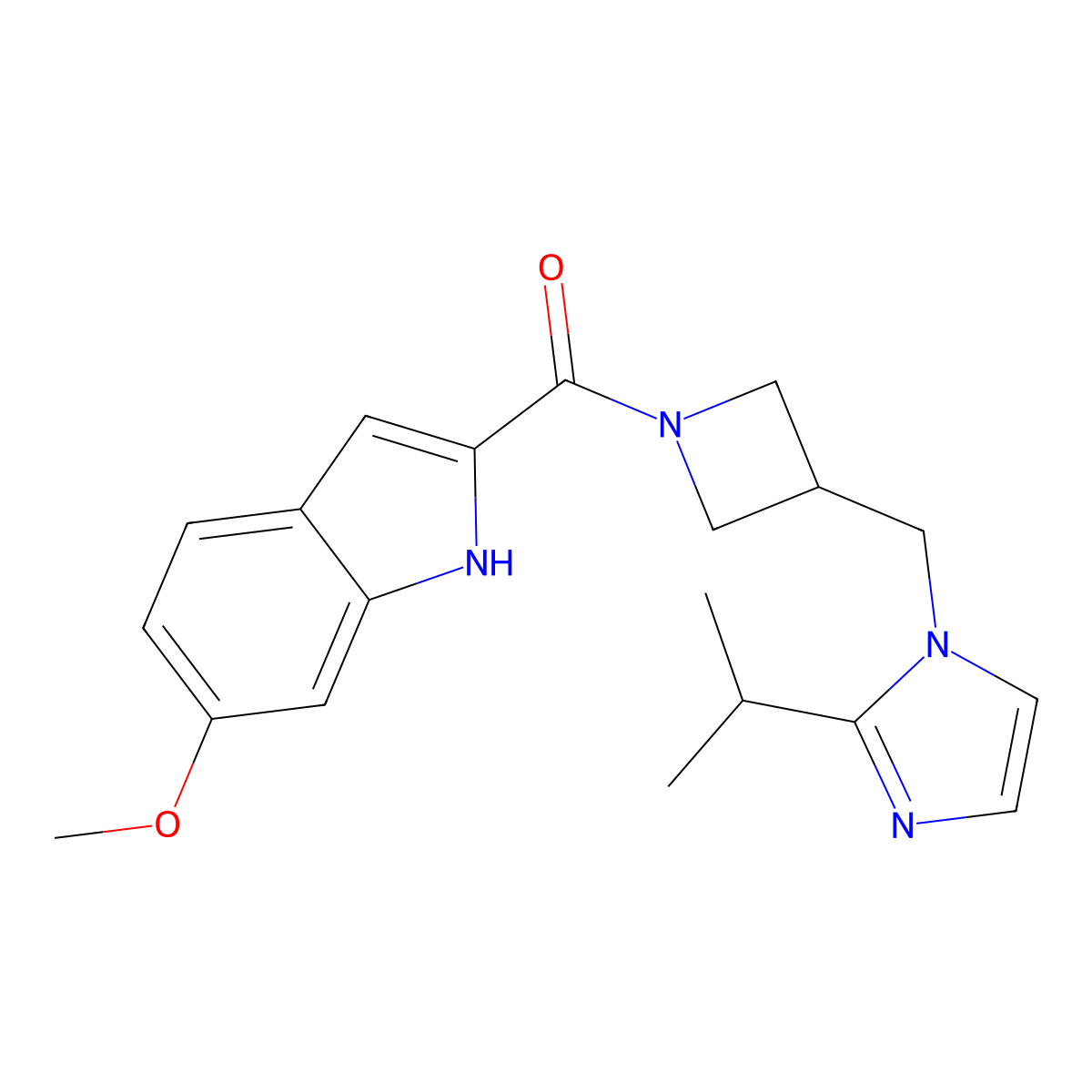 6-methoxy-2-(3-{[2-(propan-2-yl)-1H-imidazol-1-yl]methyl}azetidine-1-carbonyl)-1H-indole molecular structure, CAS 2742031-81-6