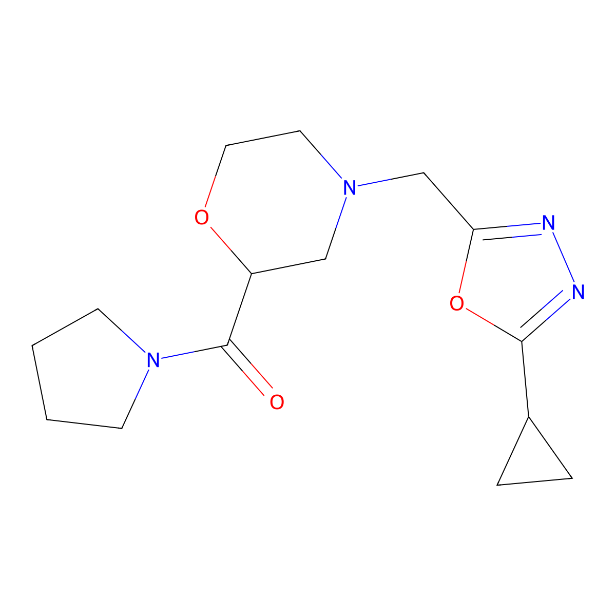 4-[(5-Cyclopropyl-1,3,4-oxadiazol-2-yl)methyl]-2-(pyrrolidine-1-carbonyl)morpholine molecular structure, CAS 2742031-91-8