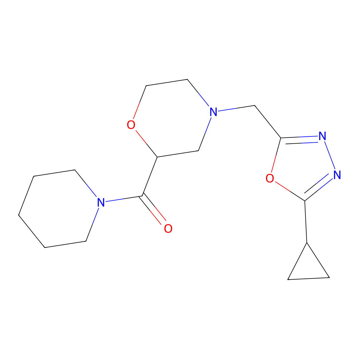 4-[(5-Cyclopropyl-1,3,4-oxadiazol-2-yl)methyl]-2-(piperidine-1-carbonyl)morpholine molecular structure, CAS 2742031-95-2