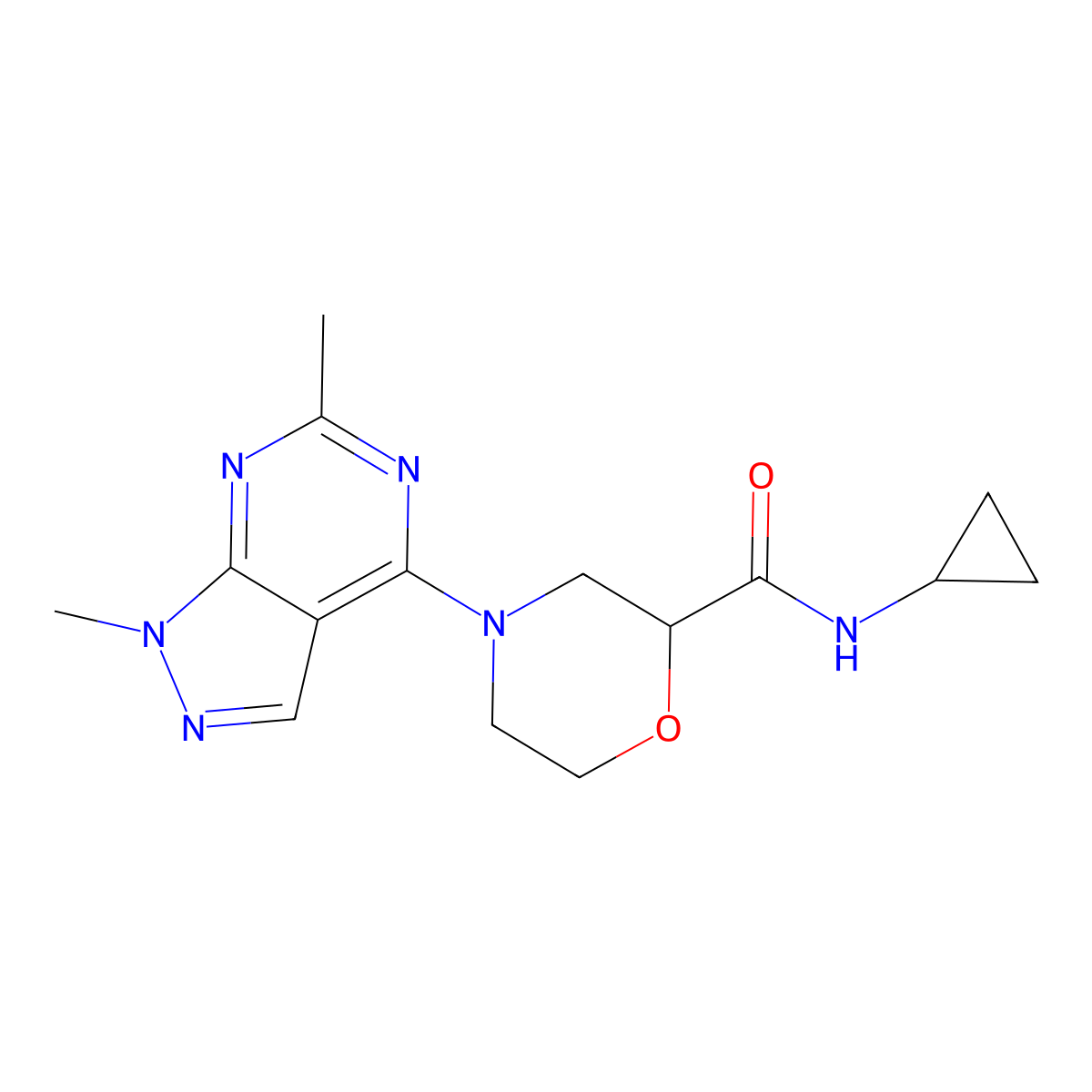 N-cyclopropyl-4-{1,6-dimethyl-1H-pyrazolo[3,4-d]pyrimidin-4-yl}morpholine-2-carboxamide molecular structure, CAS 2742031-99-6