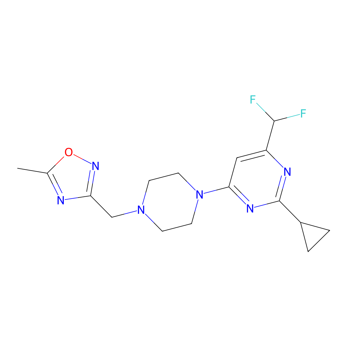 2-Cyclopropyl-4-(difluoromethyl)-6-{4-[(5-methyl-1,2,4-oxadiazol-3-yl)methyl]piperazin-1-yl}pyrimidine molecular structure, CAS 2742032-15-9