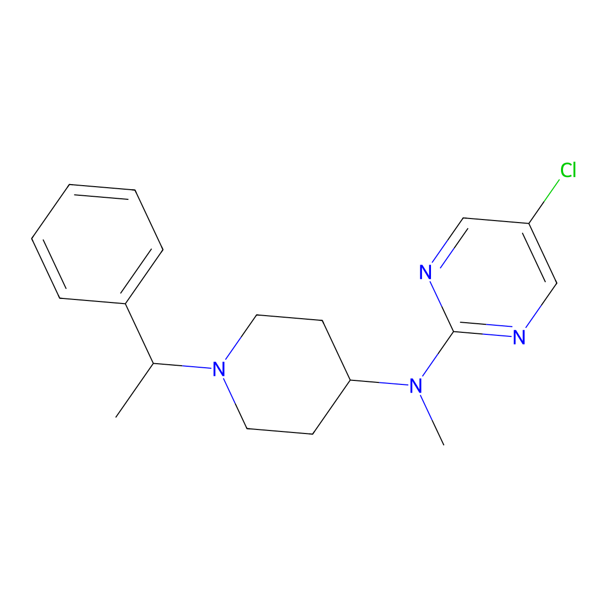 5-chloro-N-methyl-N-[1-(1-phenylethyl)piperidin-4-yl]pyrimidin-2-amine molecular structure, CAS 2742032-17-1