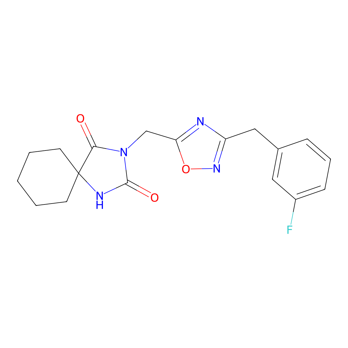 3-({3-[(3-Fluorophenyl)methyl]-1,2,4-oxadiazol-5-yl}methyl)-1,3-diazaspiro[4.5]decane-2,4-dione molecular structure, CAS 2742032-20-6