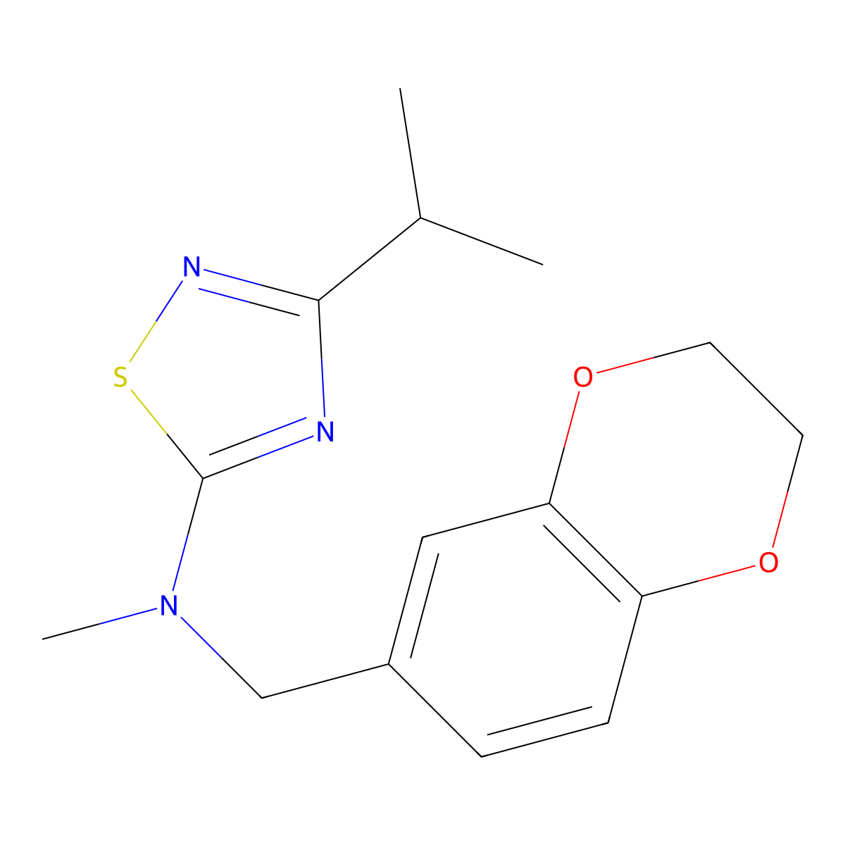 N-[(2,3-dihydro-1,4-benzodioxin-6-yl)methyl]-N-methyl-3-(propan-2-yl)-1,2,4-thiadiazol-5-amine molecular structure, CAS 2742032-21-7
