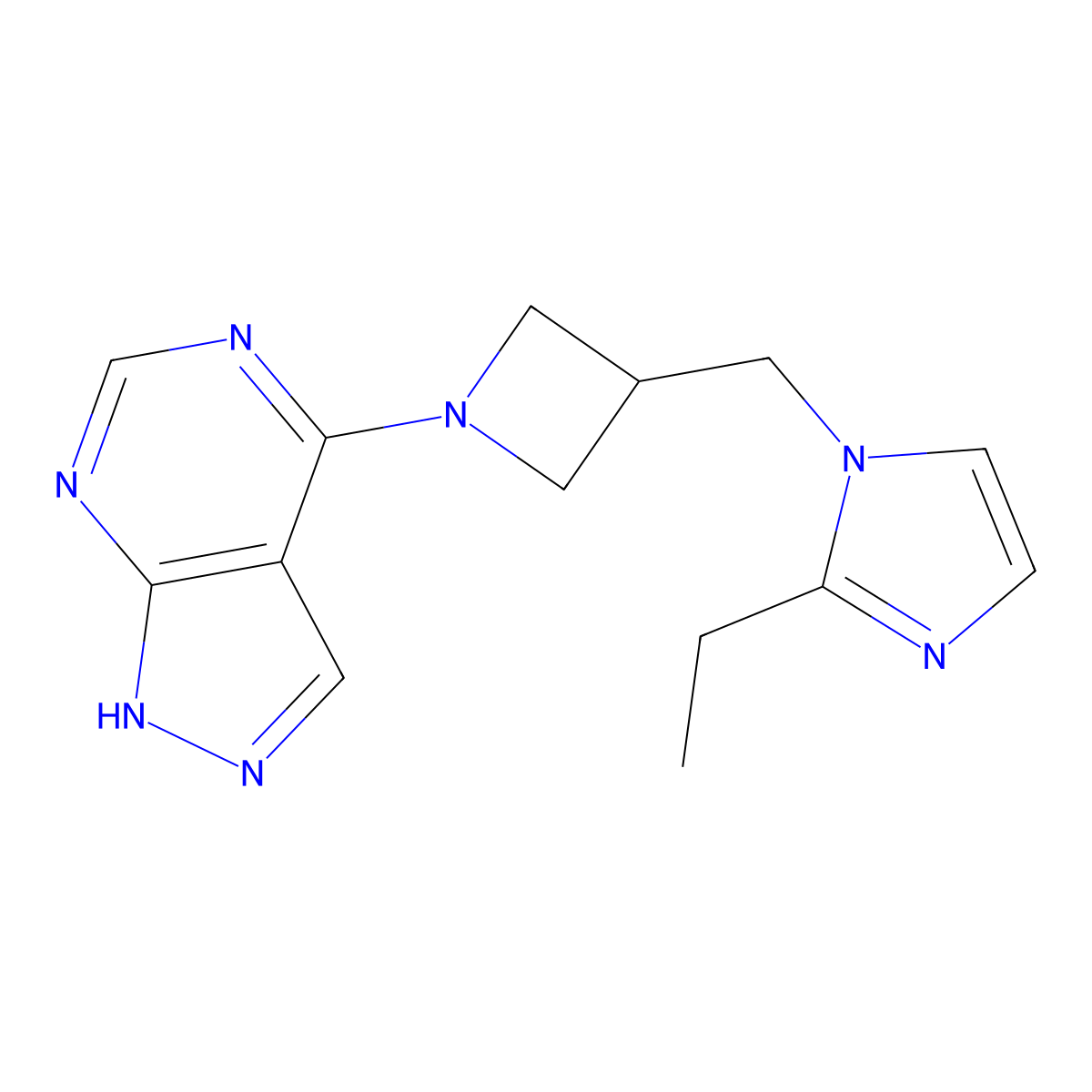 2-ethyl-1-[(1-{1H-pyrazolo[3,4-d]pyrimidin-4-yl}azetidin-3-yl)methyl]-1H-imidazole molecular structure, CAS 2742032-35-3