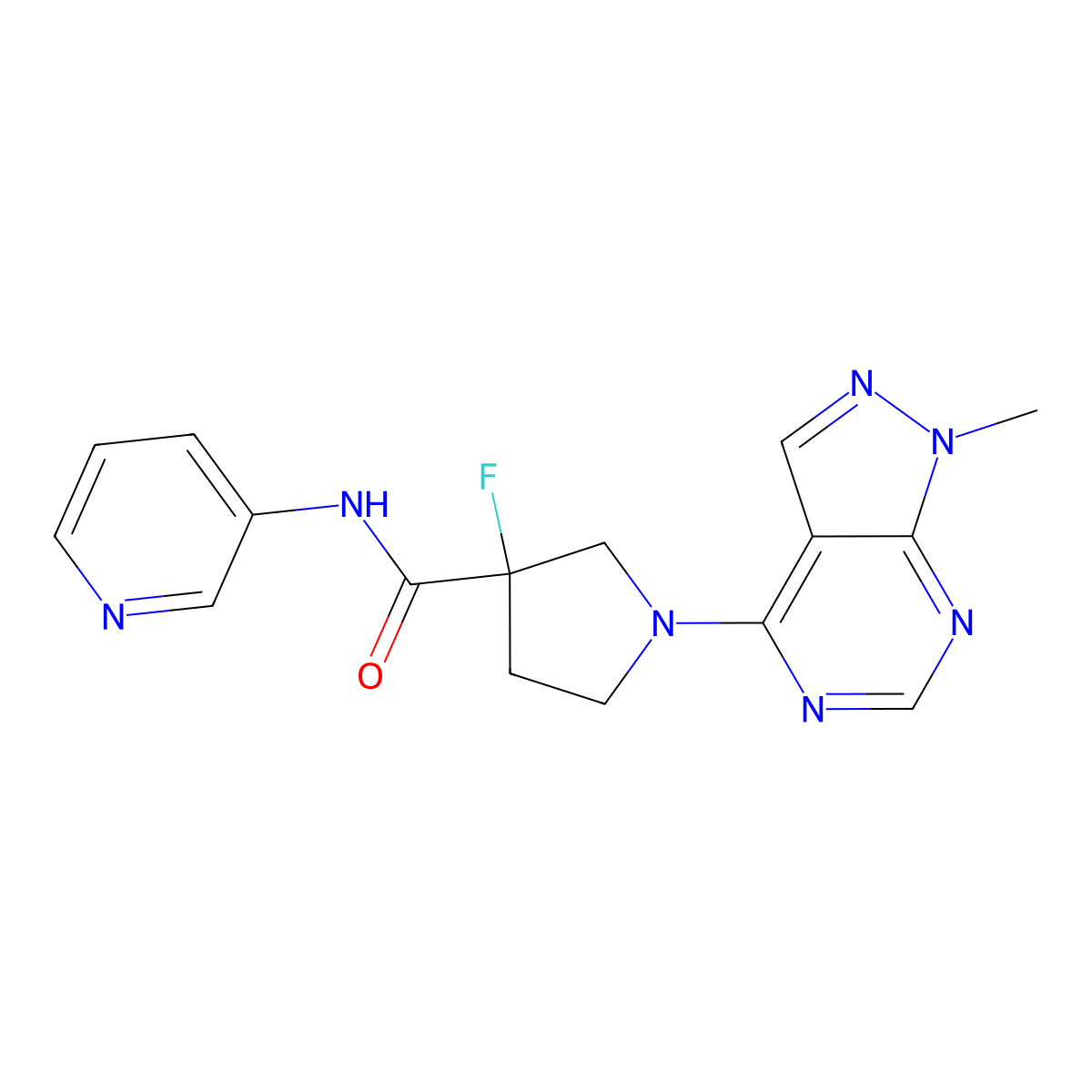 3-fluoro-1-{1-methyl-1H-pyrazolo[3,4-d]pyrimidin-4-yl}-N-(pyridin-3-yl)pyrrolidine-3-carboxamide molecular structure, CAS 2742032-49-9