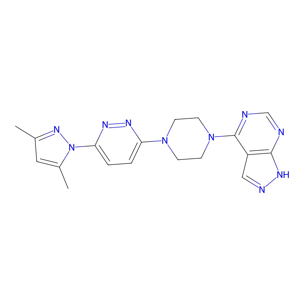3-(3,5-dimethyl-1H-pyrazol-1-yl)-6-(4-{1H-pyrazolo[3,4-d]pyrimidin-4-yl}piperazin-1-yl)pyridazine molecular structure, CAS 2742032-51-3