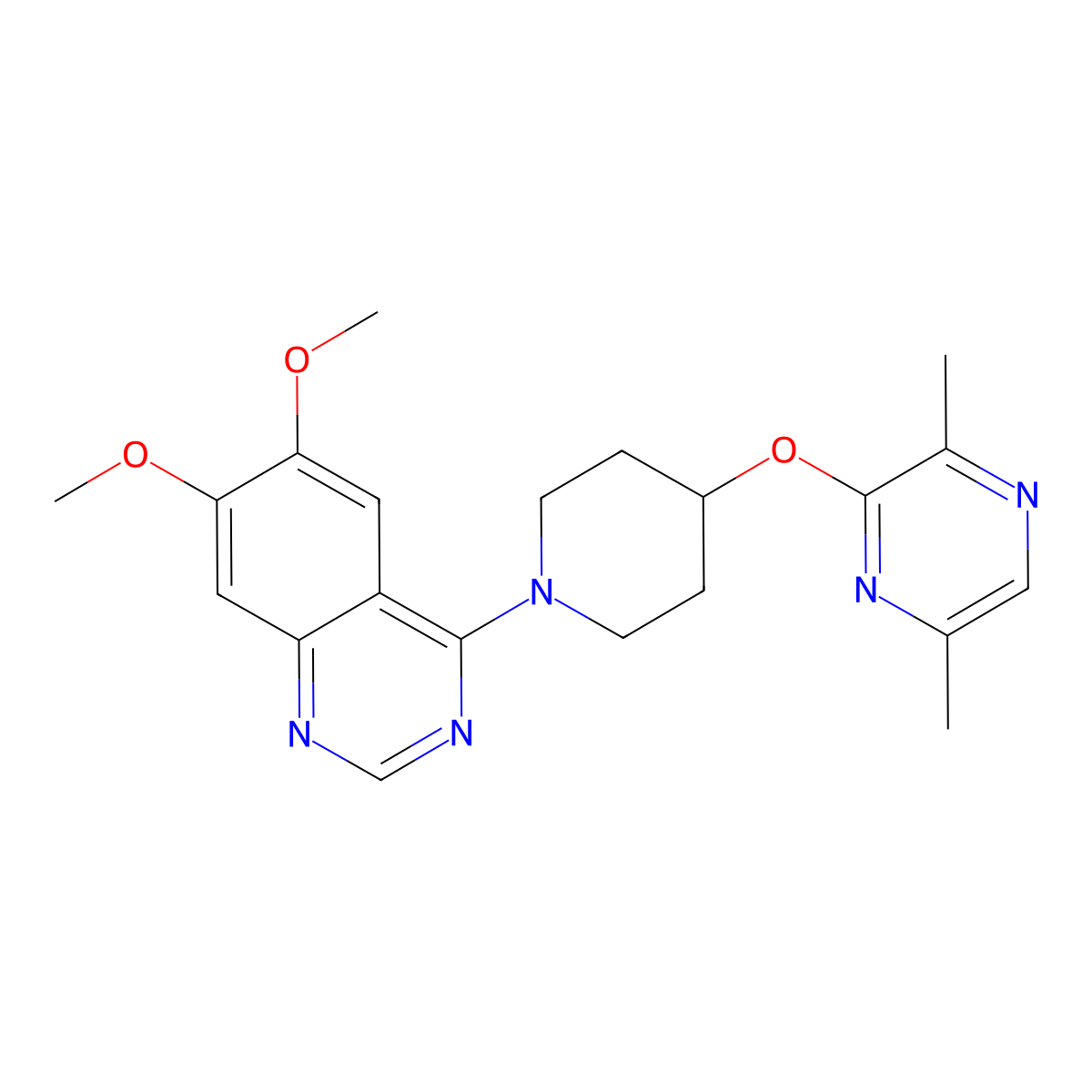 4-{4-[(3,6-Dimethylpyrazin-2-yl)oxy]piperidin-1-yl}-6,7-dimethoxyquinazoline molecular structure, CAS 2742032-52-4
