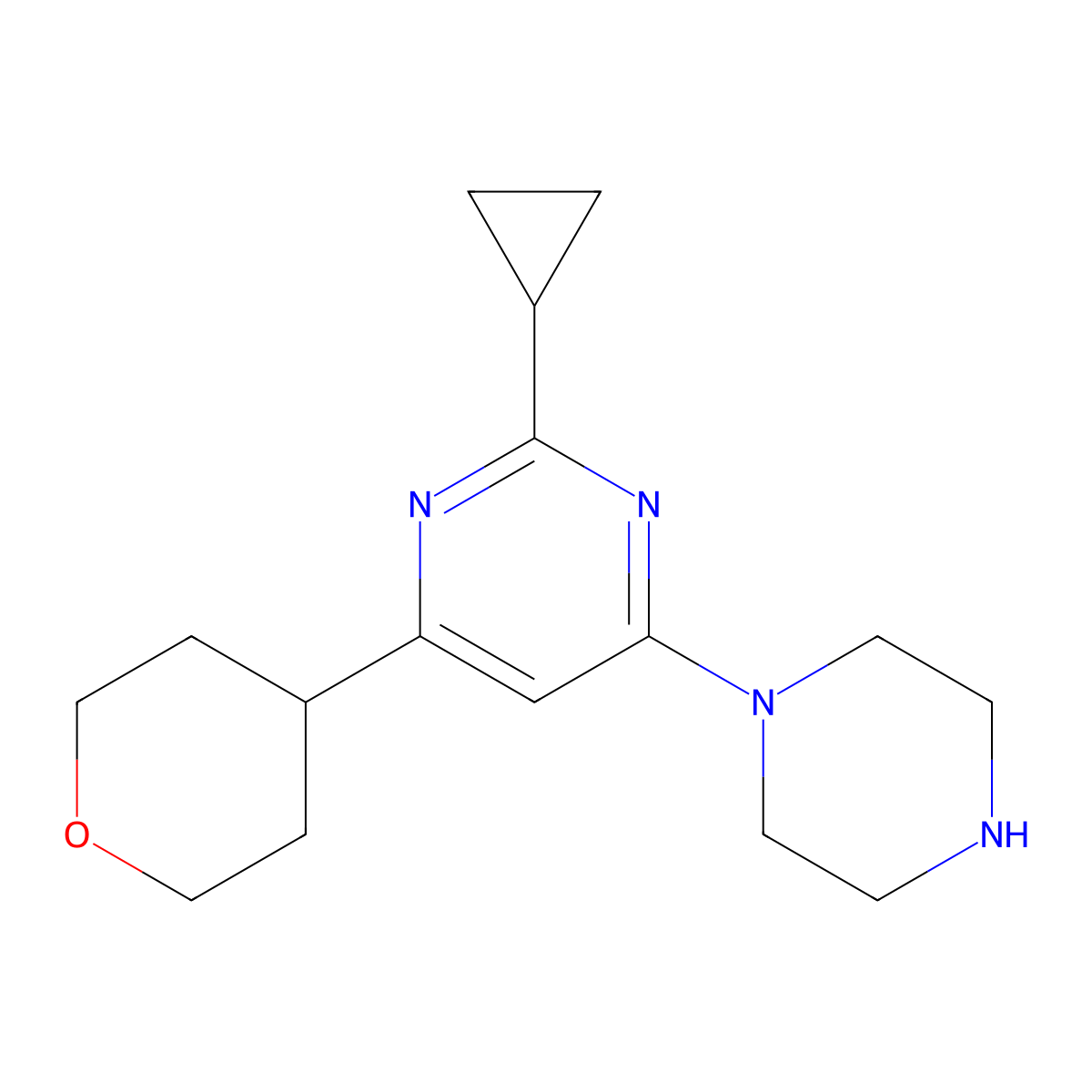 2-Cyclopropyl-4-(oxan-4-yl)-6-(piperazin-1-yl)pyrimidine molecular structure, CAS 2742032-54-6