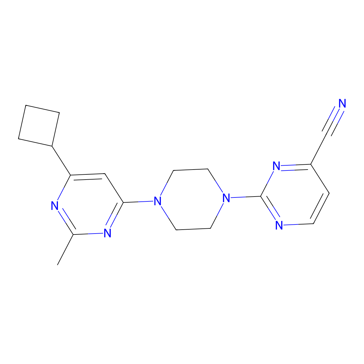 2-[4-(6-Cyclobutyl-2-methylpyrimidin-4-yl)piperazin-1-yl]pyrimidine-4-carbonitrile molecular structure, CAS 2742032-67-1