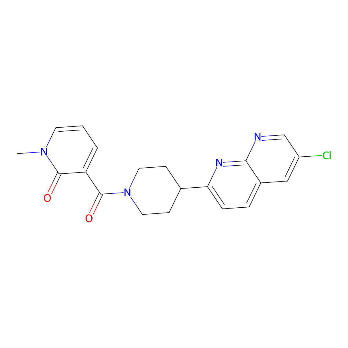 3-[4-(6-Chloro-1,8-naphthyridin-2-yl)piperidine-1-carbonyl]-1-methyl-1,2-dihydropyridin-2-one molecular structure, CAS 2742032-68-2