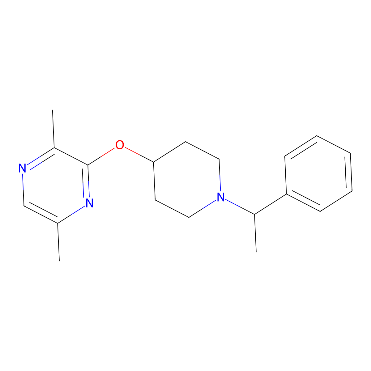 2,5-Dimethyl-3-{[1-(1-phenylethyl)piperidin-4-yl]oxy}pyrazine molecular structure, CAS 2742032-69-3