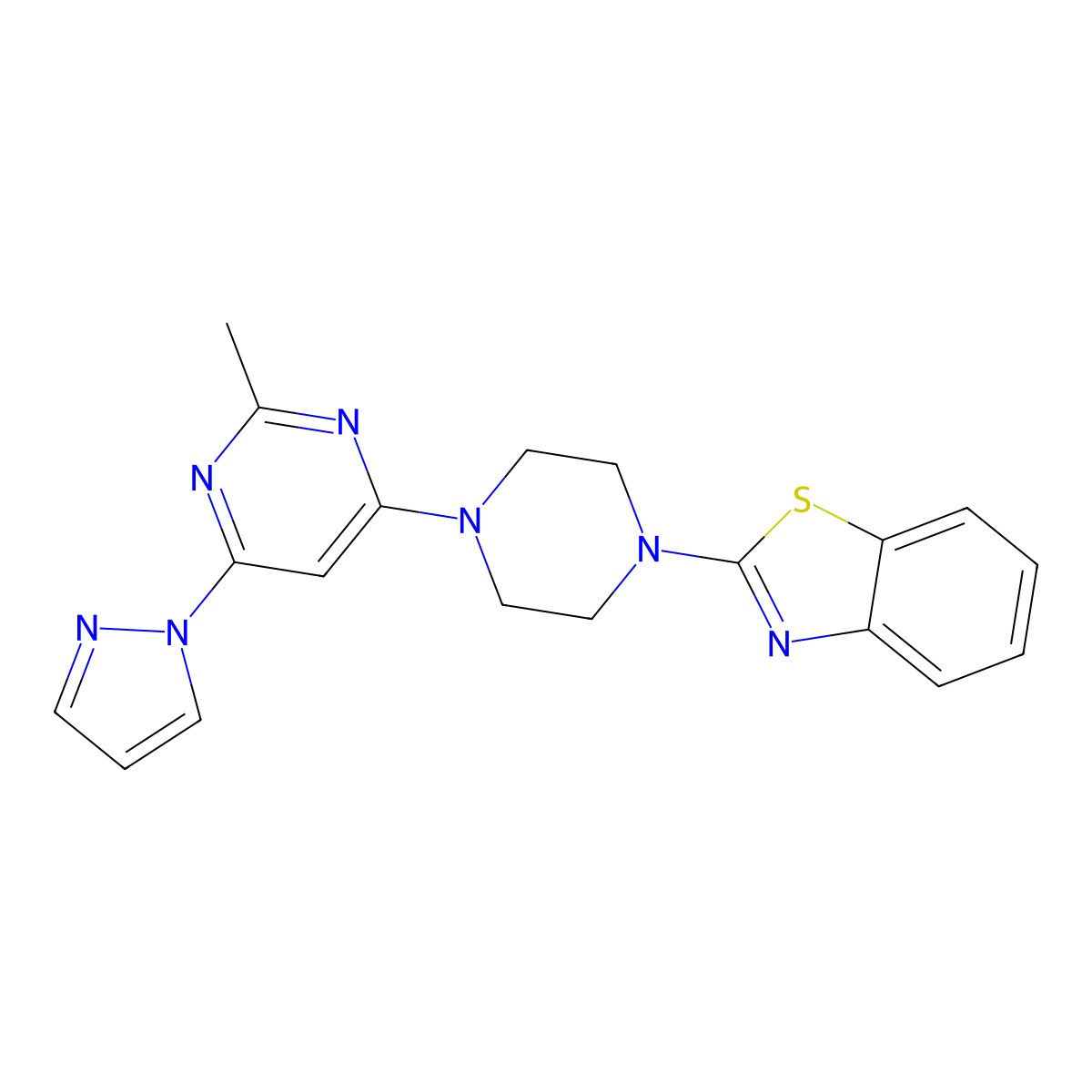 2-{4-[2-methyl-6-(1H-pyrazol-1-yl)pyrimidin-4-yl]piperazin-1-yl}-1,3-benzothiazole molecular structure, CAS 2742032-70-6