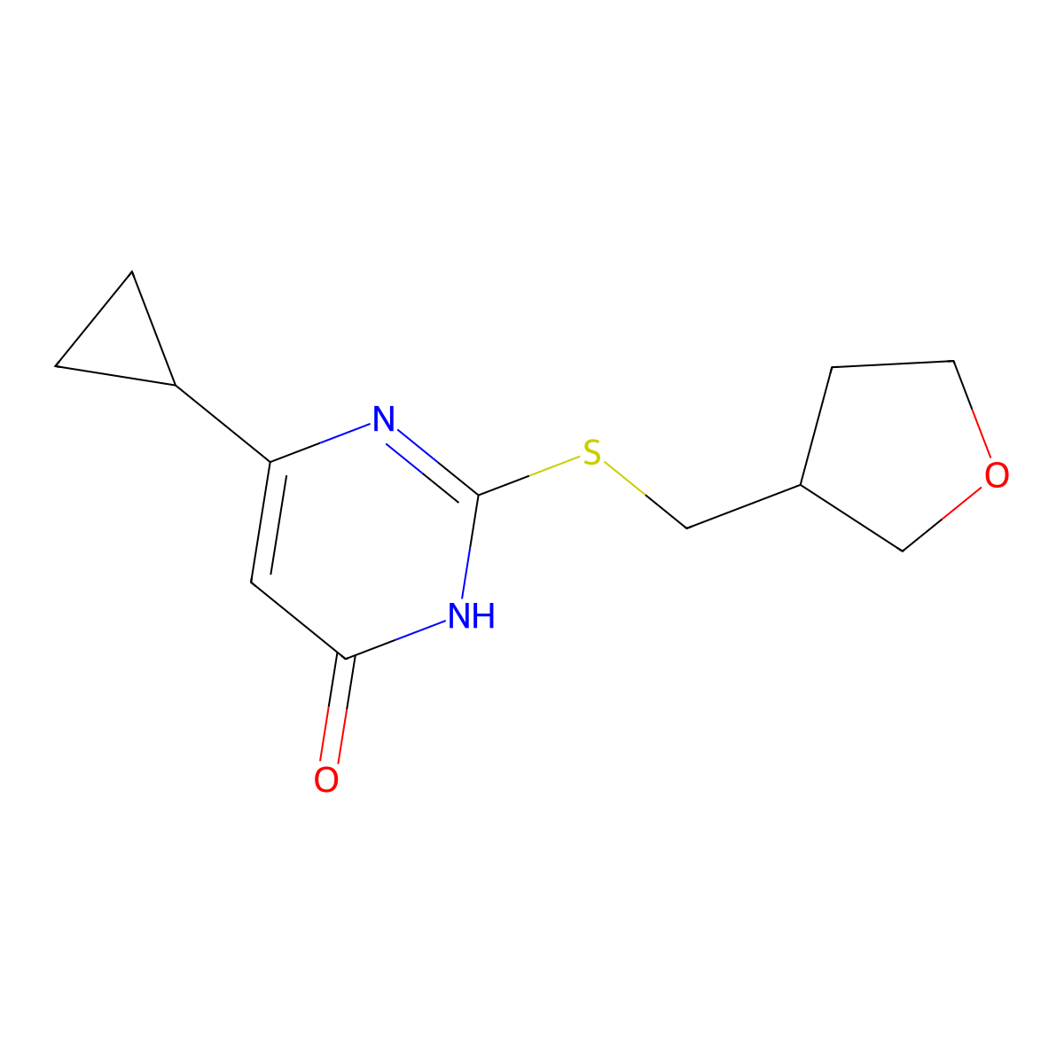 6-Cyclopropyl-2-{[(oxolan-3-yl)methyl]sulfanyl}-3,4-dihydropyrimidin-4-one molecular structure, CAS 2742032-71-7
