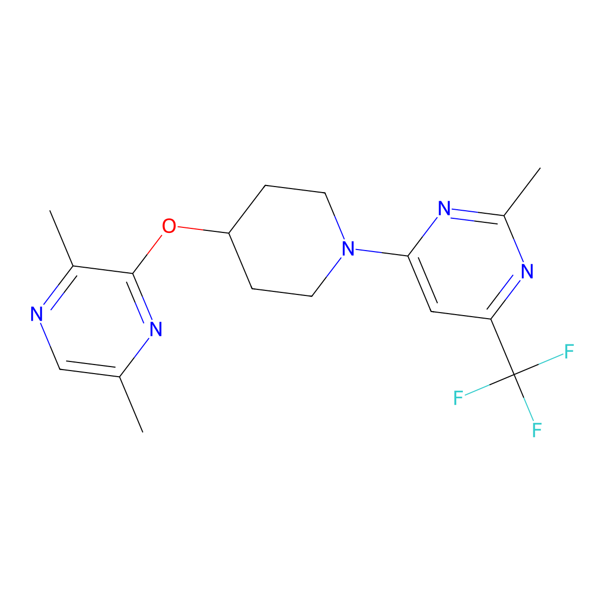 4-{4-[(3,6-Dimethylpyrazin-2-yl)oxy]piperidin-1-yl}-2-methyl-6-(trifluoromethyl)pyrimidine molecular structure, CAS 2742032-90-0