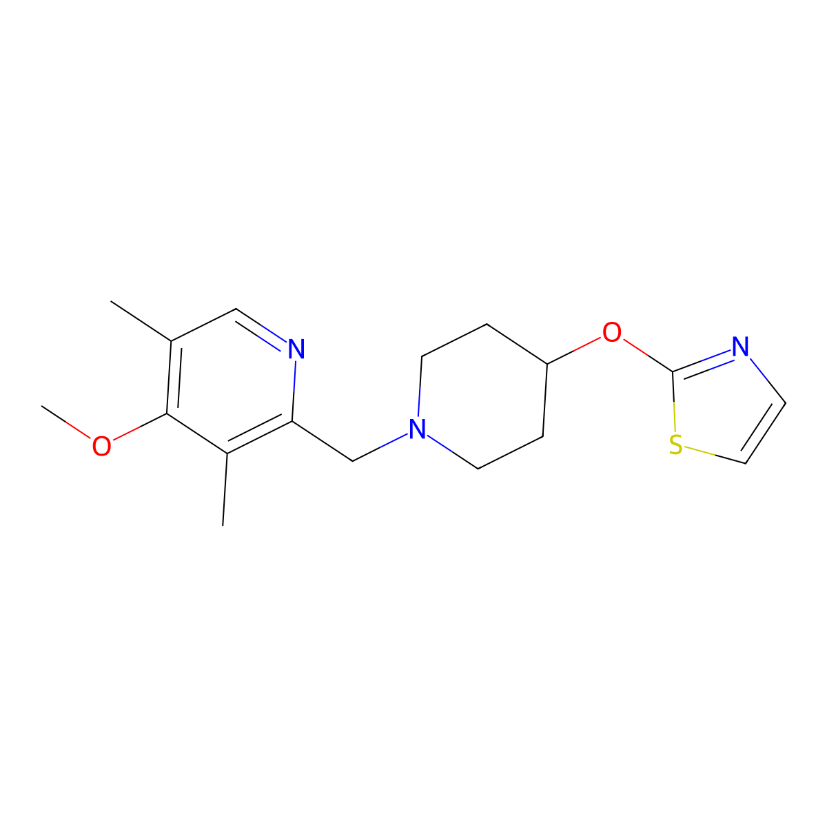 4-Methoxy-3,5-dimethyl-2-{[4-(1,3-thiazol-2-yloxy)piperidin-1-yl]methyl}pyridine molecular structure, CAS 2742033-01-6