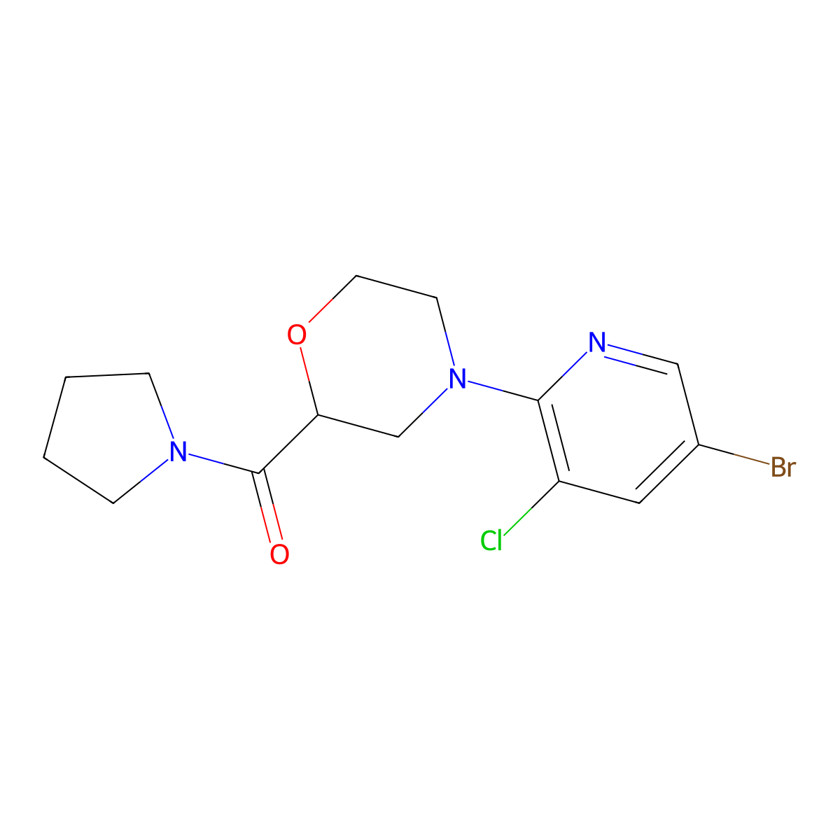 4-(5-Bromo-3-chloropyridin-2-yl)-2-(pyrrolidine-1-carbonyl)morpholine molecular structure, CAS 2742033-04-9