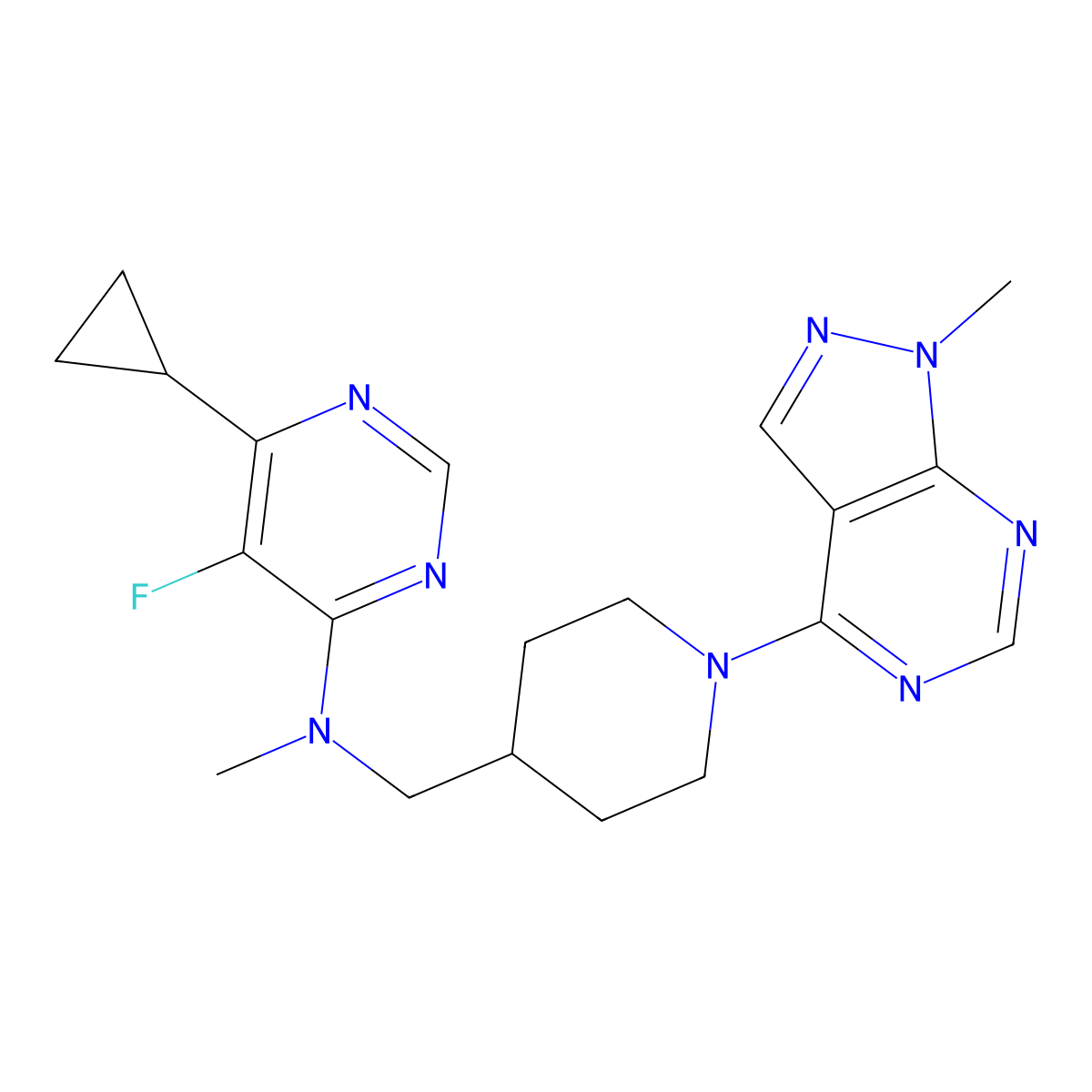 6-cyclopropyl-5-fluoro-N-methyl-N-[(1-{1-methyl-1H-pyrazolo[3,4-d]pyrimidin-4-yl}piperidin-4-yl)methyl]pyrimidin-4-amine molecular structure, CAS 2742033-16-3