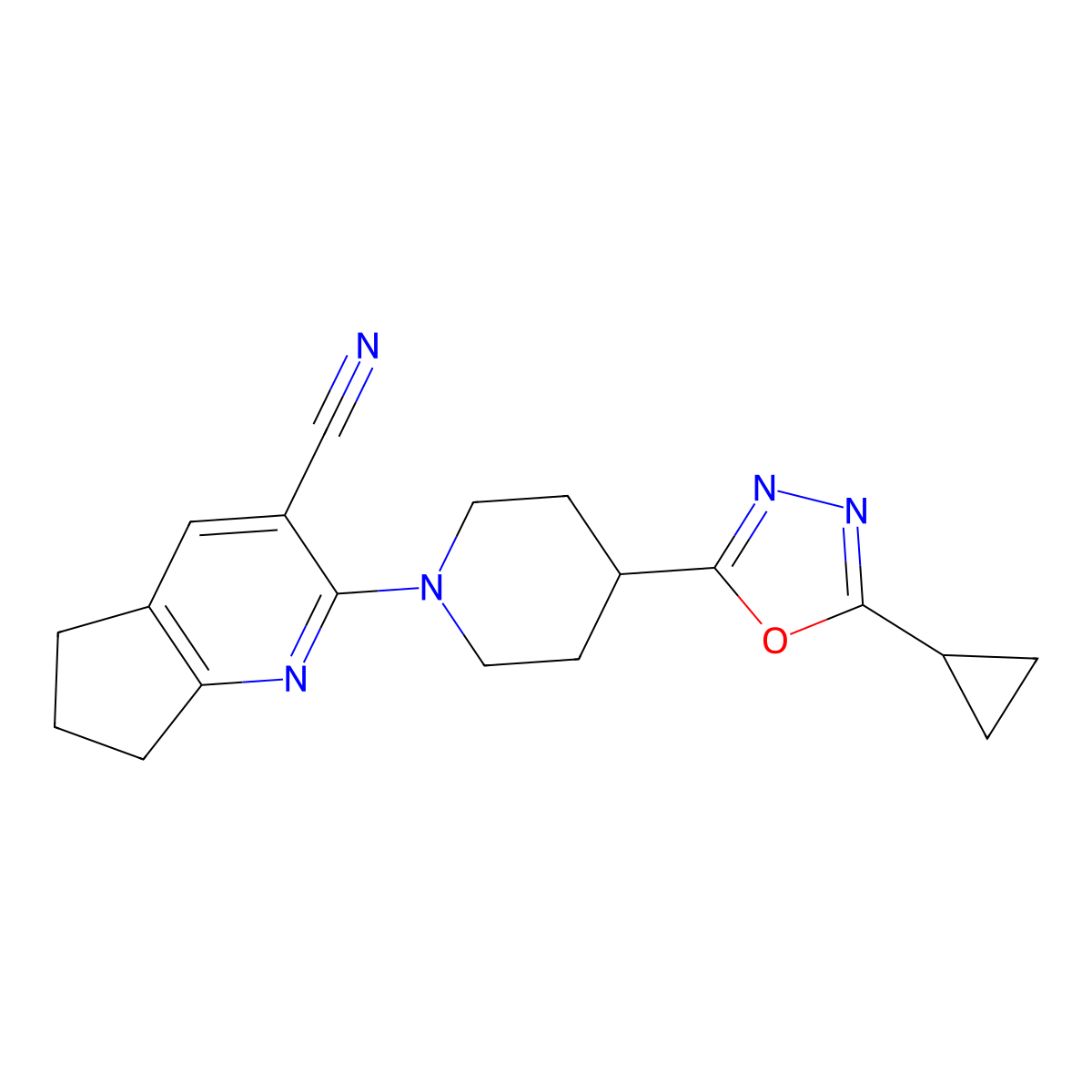 2-[4-(5-cyclopropyl-1,3,4-oxadiazol-2-yl)piperidin-1-yl]-5H,6H,7H-cyclopenta[b]pyridine-3-carbonitrile molecular structure, CAS 2742033-17-4