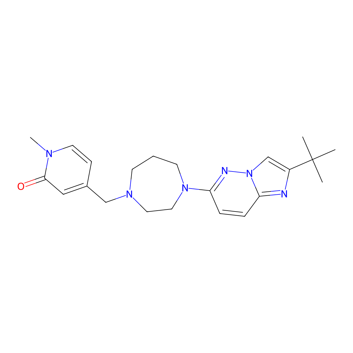 4-[(4-{2-Tert-butylimidazo[1,2-b]pyridazin-6-yl}-1,4-diazepan-1-yl)methyl]-1-methyl-1,2-dihydropyridin-2-one molecular structure, CAS 2742033-20-9