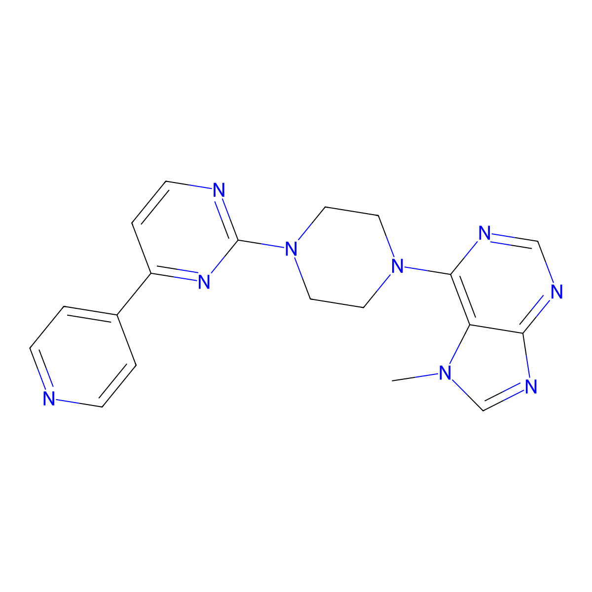 7-methyl-6-{4-[4-(pyridin-4-yl)pyrimidin-2-yl]piperazin-1-yl}-7H-purine molecular structure, CAS 2742033-31-2