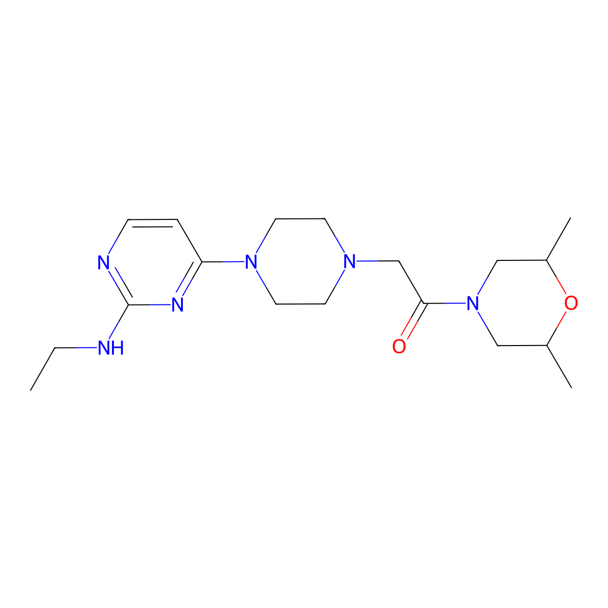 1-(2,6-Dimethylmorpholin-4-yl)-2-{4-[2-(ethylamino)pyrimidin-4-yl]piperazin-1-yl}ethan-1-one molecular structure, CAS 2742033-33-4