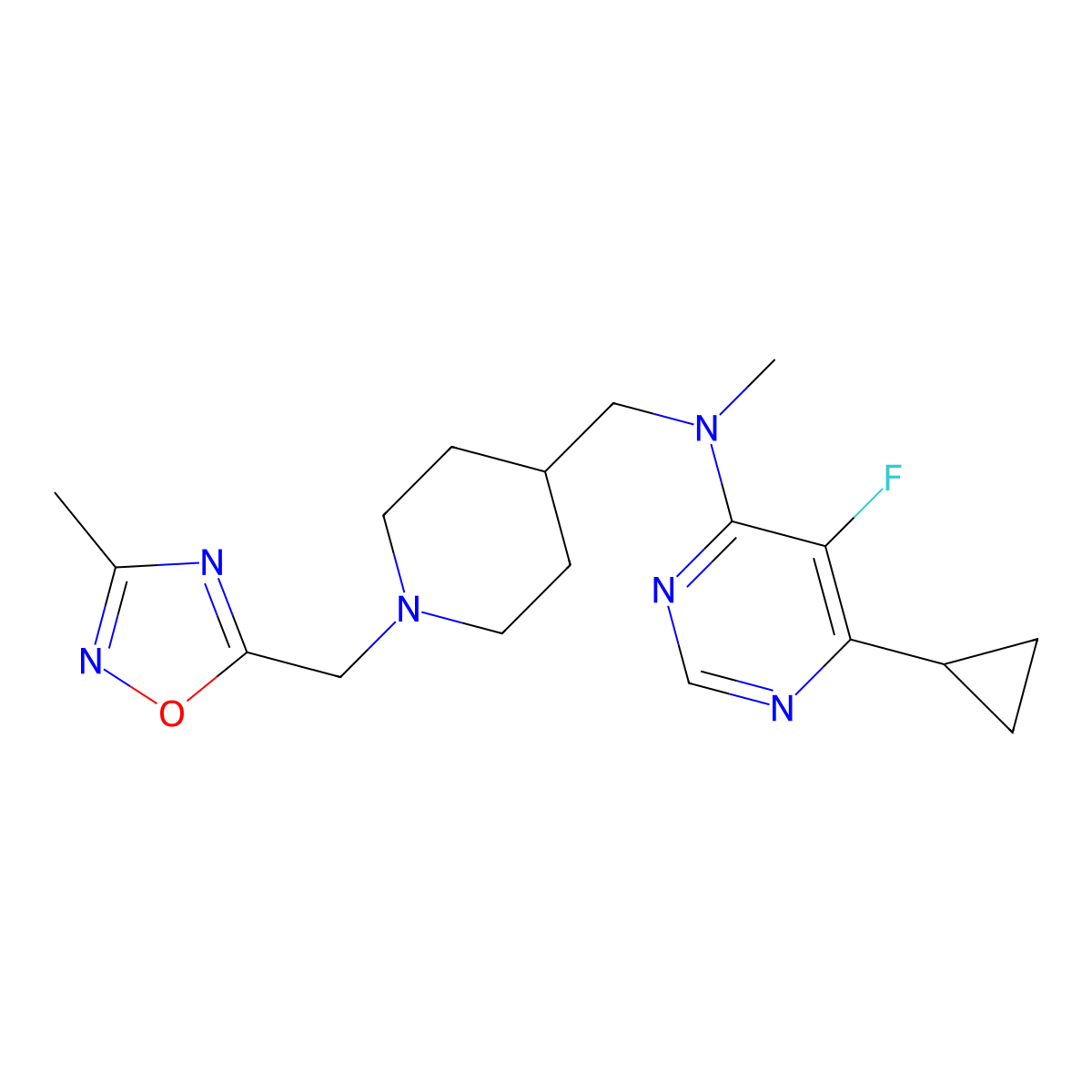 6-cyclopropyl-5-fluoro-N-methyl-N-({1-[(3-methyl-1,2,4-oxadiazol-5-yl)methyl]piperidin-4-yl}methyl)pyrimidin-4-amine molecular structure, CAS 2742033-34-5