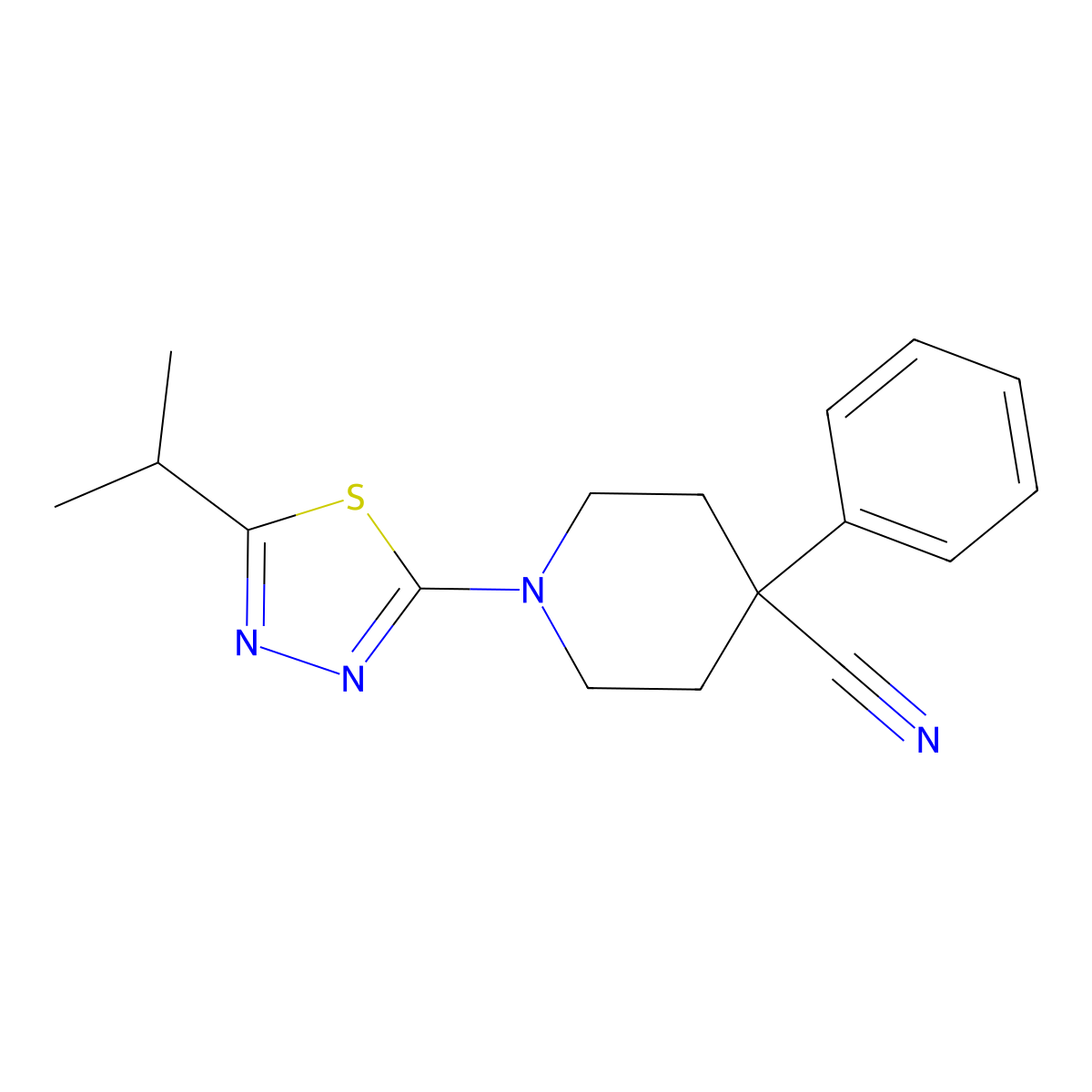 4-Phenyl-1-[5-(propan-2-yl)-1,3,4-thiadiazol-2-yl]piperidine-4-carbonitrile molecular structure, CAS 2742033-38-9