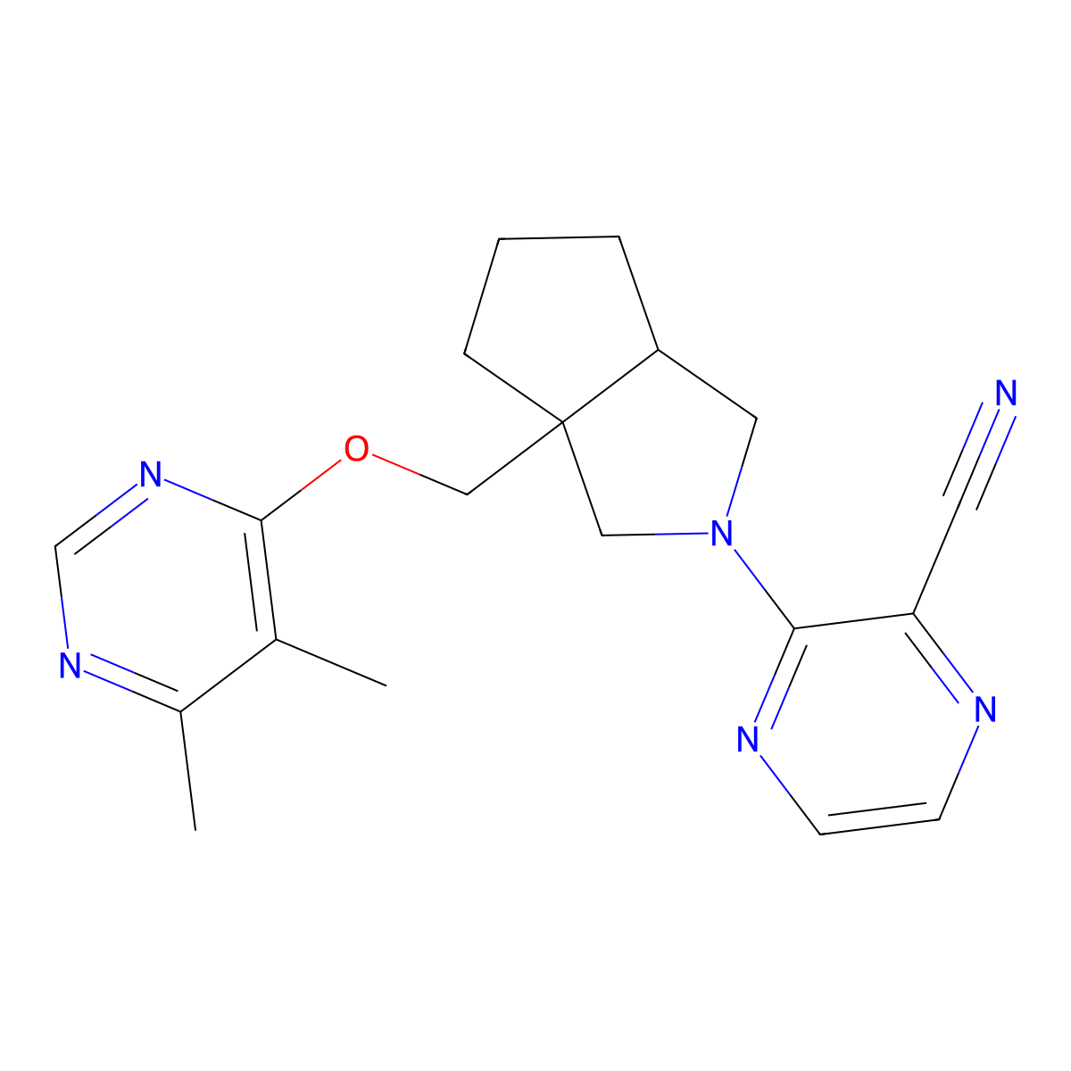 3-(3a-{[(5,6-Dimethylpyrimidin-4-yl)oxy]methyl}-octahydrocyclopenta[c]pyrrol-2-yl)pyrazine-2-carbonitrile molecular structure, CAS 2742033-39-0