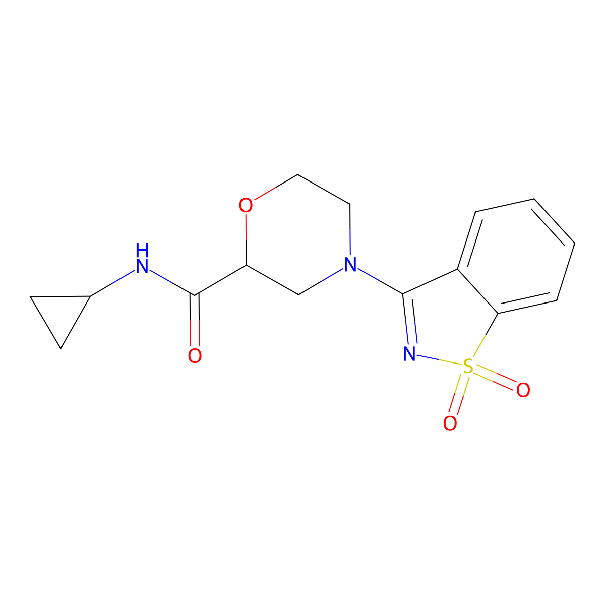N-cyclopropyl-4-(1,1-dioxo-1,2-benzothiazol-3-yl)morpholine-2-carboxamide molecular structure, CAS 2742033-54-9