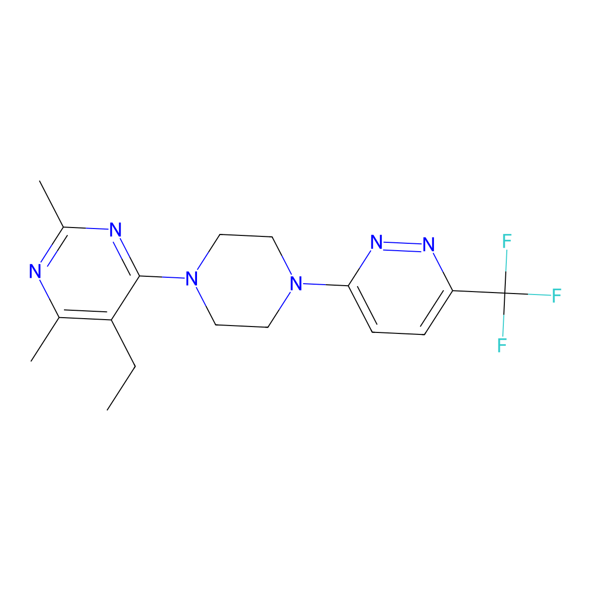 5-Ethyl-2,4-dimethyl-6-{4-[6-(trifluoromethyl)pyridazin-3-yl]piperazin-1-yl}pyrimidine molecular structure, CAS 2742033-56-1