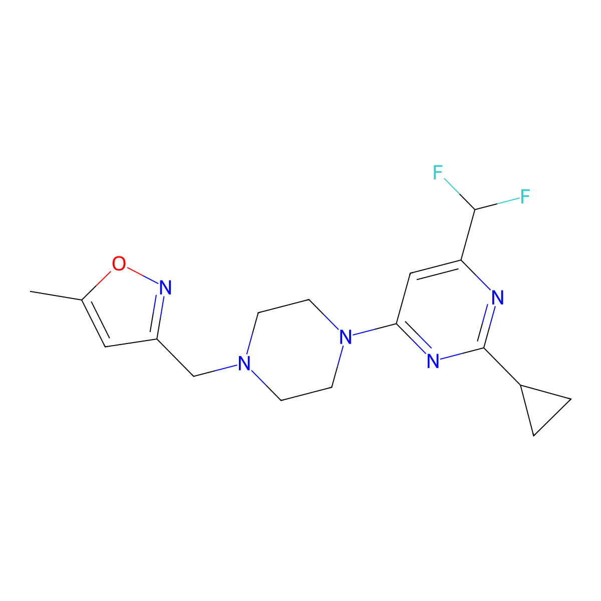 2-Cyclopropyl-4-(difluoromethyl)-6-{4-[(5-methyl-1,2-oxazol-3-yl)methyl]piperazin-1-yl}pyrimidine molecular structure, CAS 2742033-57-2