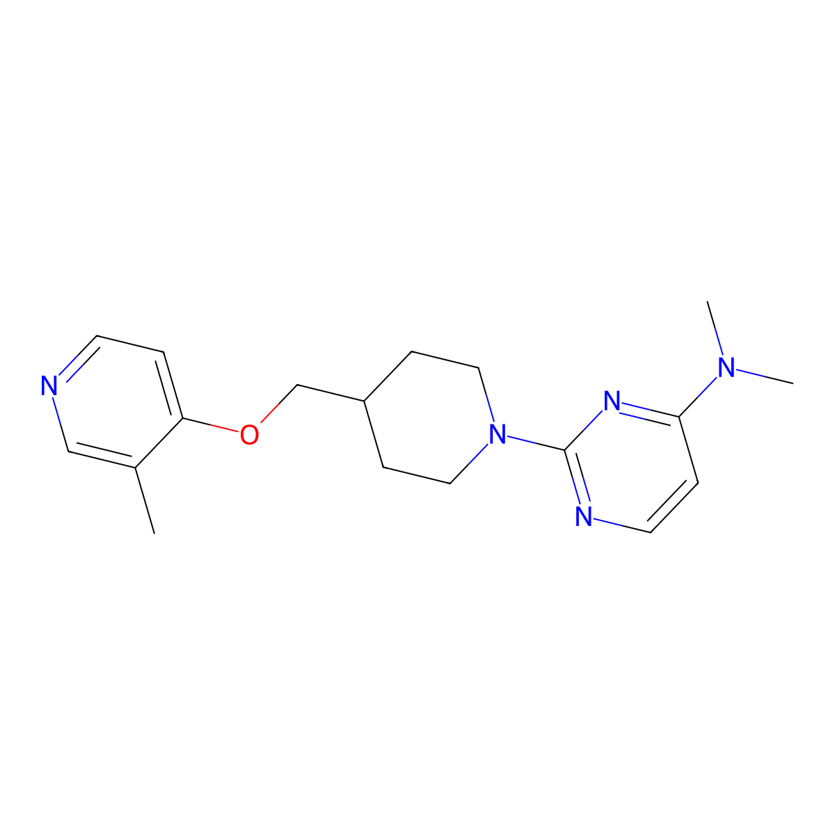 N,N-dimethyl-2-(4-{[(3-methylpyridin-4-yl)oxy]methyl}piperidin-1-yl)pyrimidin-4-amine molecular structure, CAS 2742033-66-3