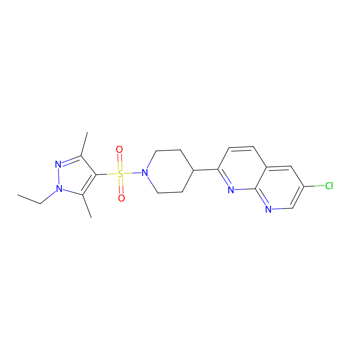 6-chloro-2-{1-[(1-ethyl-3,5-dimethyl-1H-pyrazol-4-yl)sulfonyl]piperidin-4-yl}-1,8-naphthyridine molecular structure, CAS 2742033-68-5