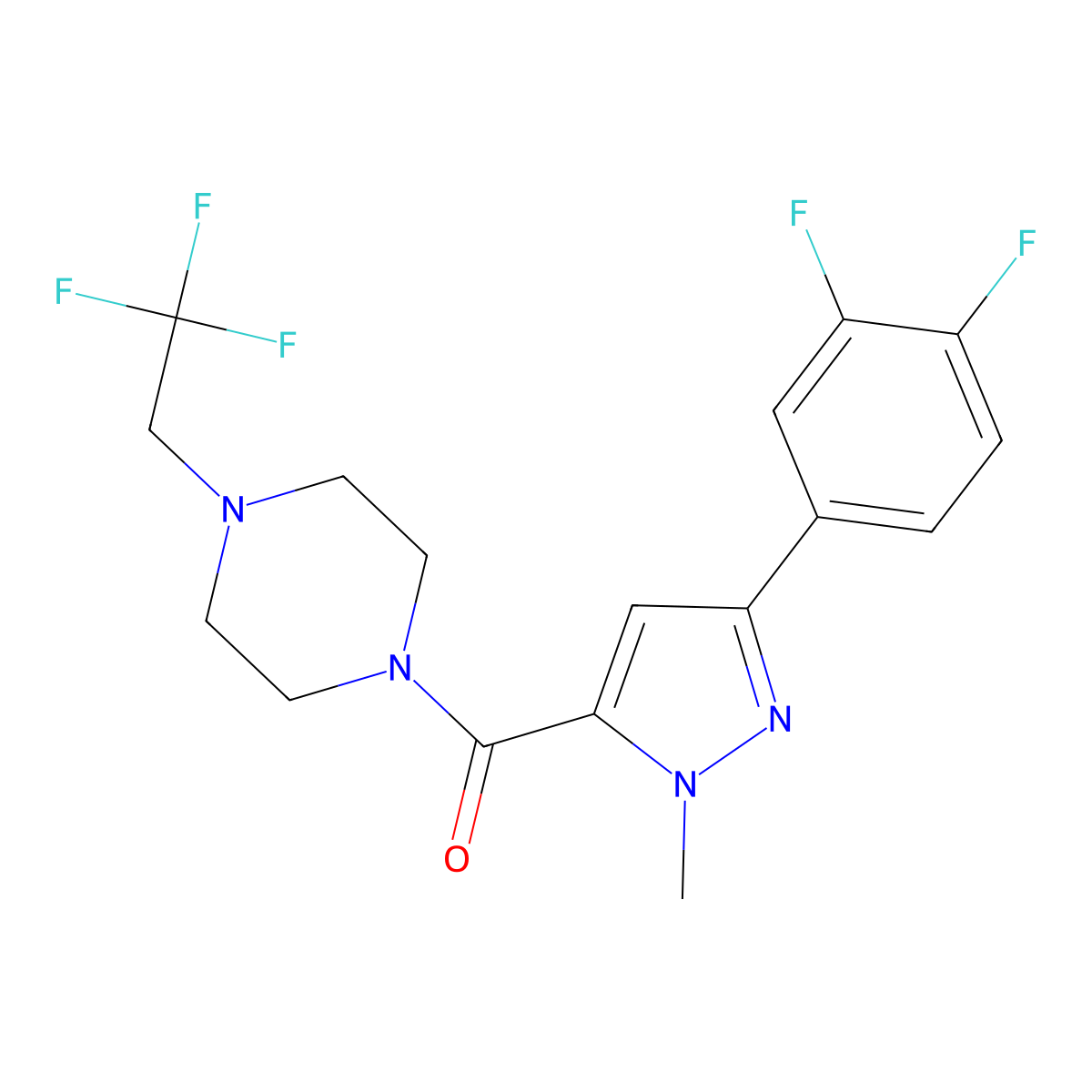 1-[3-(3,4-difluorophenyl)-1-methyl-1H-pyrazole-5-carbonyl]-4-(2,2,2-trifluoroethyl)piperazine molecular structure, CAS 2742033-69-6