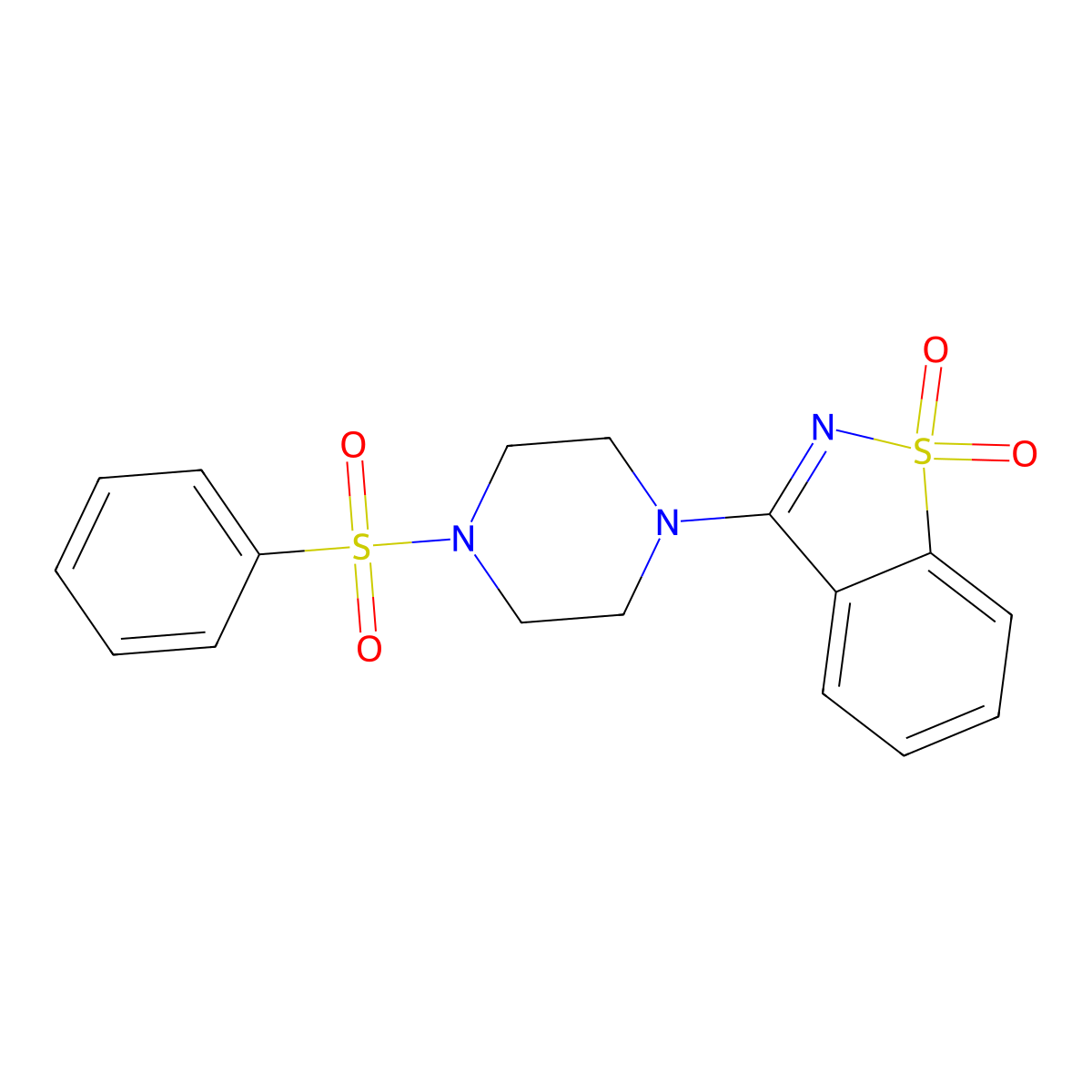 3-[4-(Benzenesulfonyl)piperazin-1-yl]-1,2-benzothiazole 1,1-dioxide molecular structure, CAS 2742033-75-4