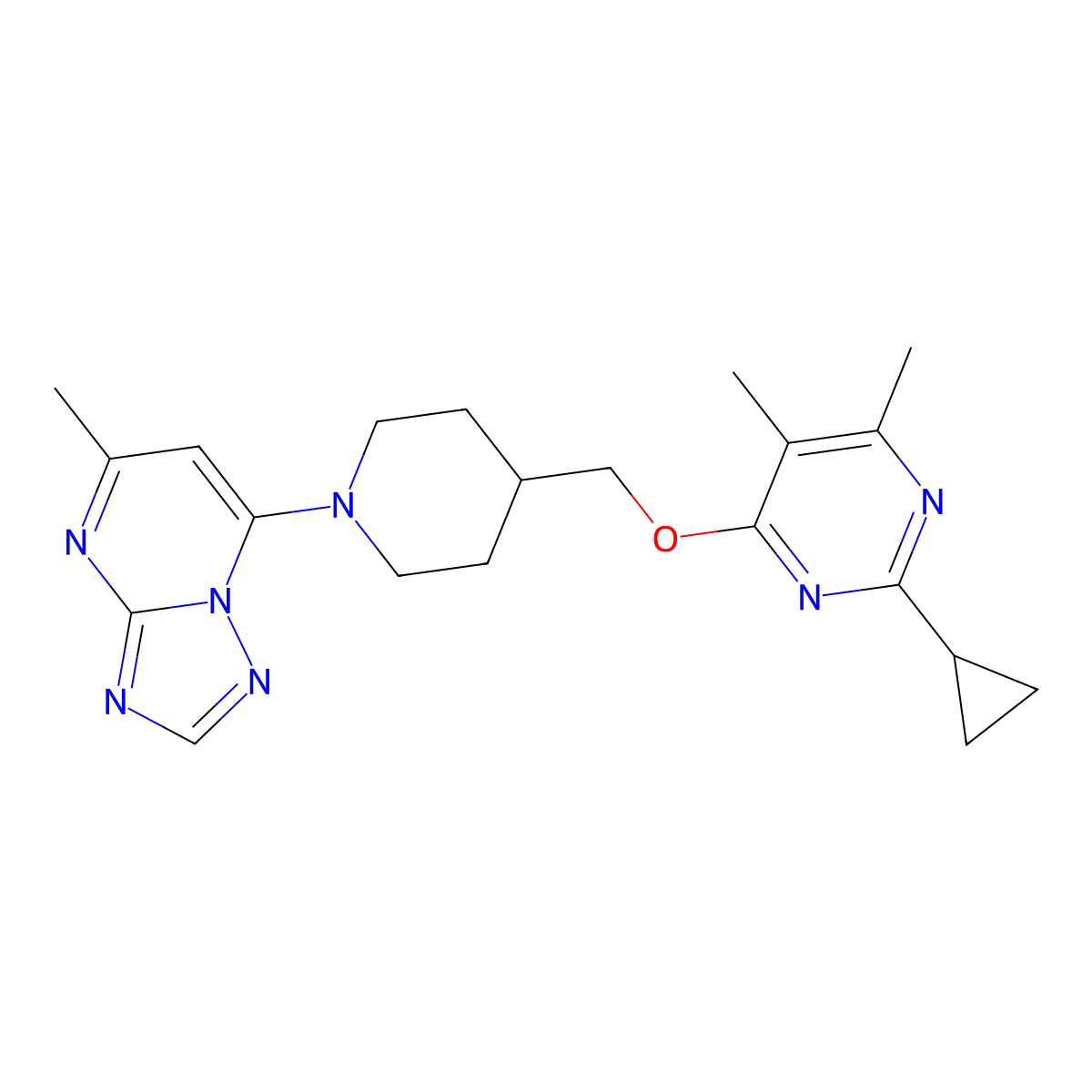 2-Cyclopropyl-4,5-dimethyl-6-[(1-{5-methyl-[1,2,4]triazolo[1,5-a]pyrimidin-7-yl}piperidin-4-yl)methoxy]pyrimidine molecular structure, CAS 2742033-84-5