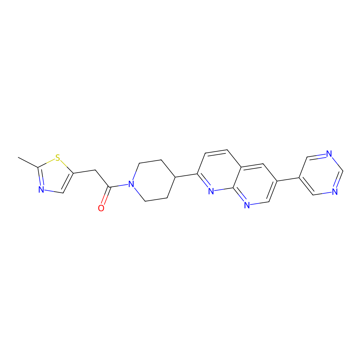 2-(2-Methyl-1,3-thiazol-5-yl)-1-{4-[6-(pyrimidin-5-yl)-1,8-naphthyridin-2-yl]piperidin-1-yl}ethan-1-one molecular structure, CAS 2742033-88-9