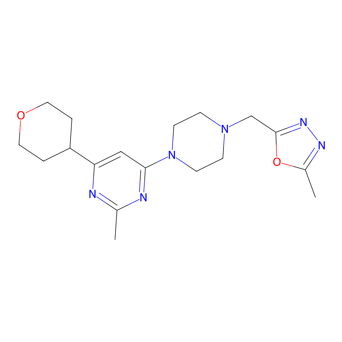 2-Methyl-4-{4-[(5-methyl-1,3,4-oxadiazol-2-yl)methyl]piperazin-1-yl}-6-(oxan-4-yl)pyrimidine molecular structure, CAS 2742033-92-5